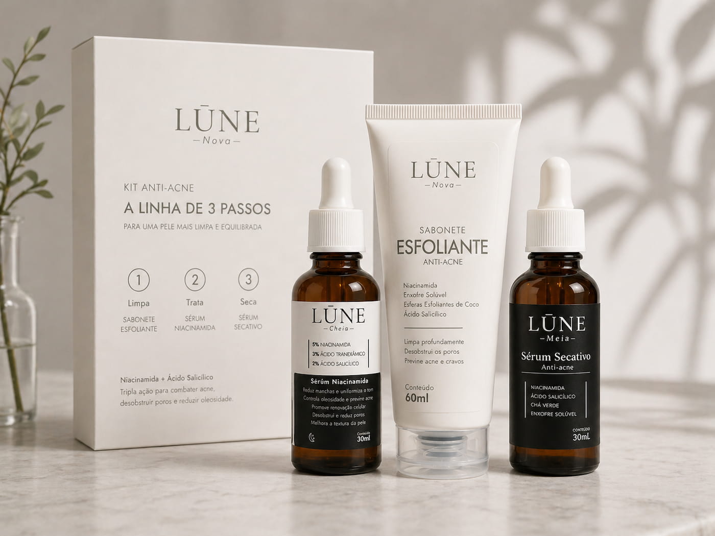 Kit Ciclo Completo LŪNE: Nova Sabonete Esfoliante, Meia Sérum Secativo e Cheia Sérum Niacinamida